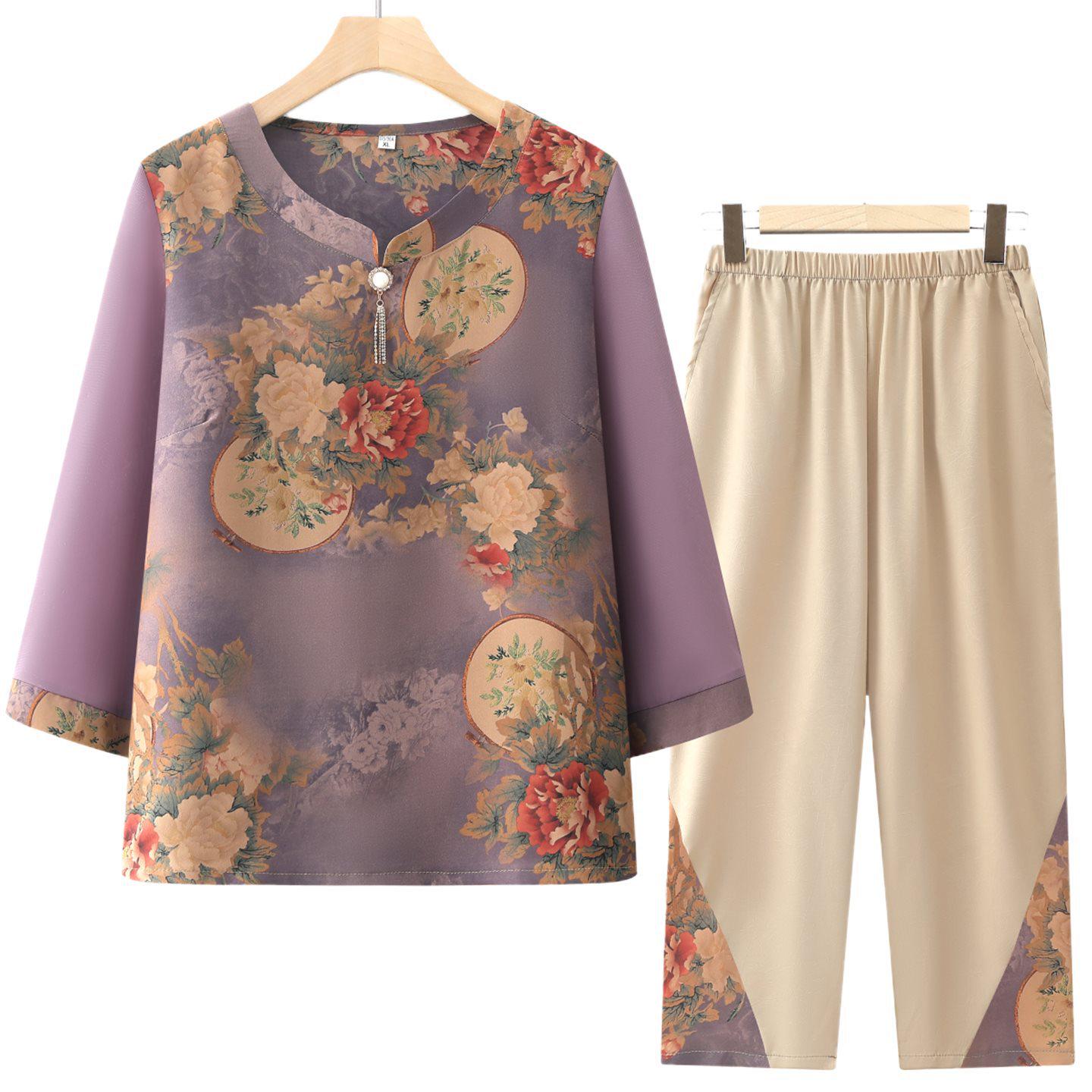 

Vintage-Style Short-Sleeve Summer Set for Elderly Women - Chinese-Inspired Two-Piece for Grandma 3XL (115-130 jin)