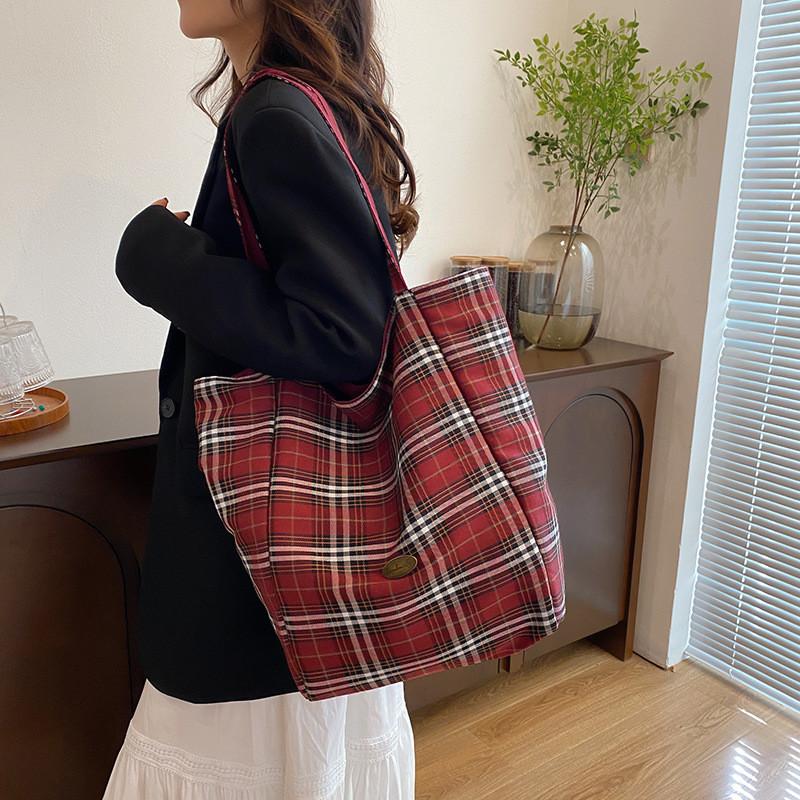 Stylish Korean Literary Inspired Plaid Double-sided Shoulder Tote Bag For School Use