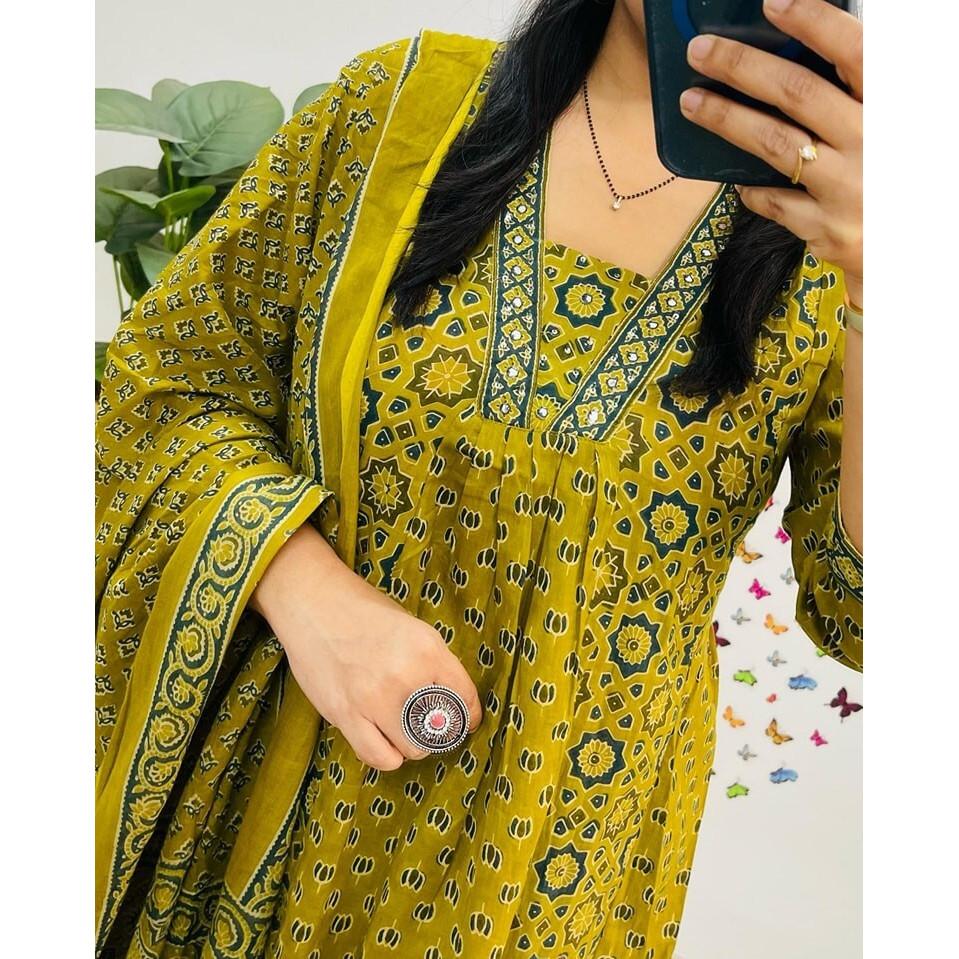 Wunderschönes Designer Baumwoll Kurti Hose Dupatta Set Indische Frauen Salwar Kameez VF-20254a