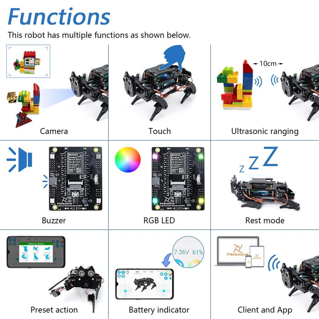 Freenove ESP32 CAM Robot Dog Kit (Includes), Dual-Core 32-Bit 240 MHz Microcontroller, Walking, Camera, Touch Sensor, Ultrasonic Ranging, Buzzer, RGB