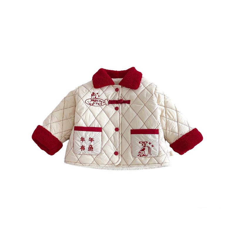 2025 Winter Boys' Cartoon Embroidered Plus Velvet Cotton Jacket