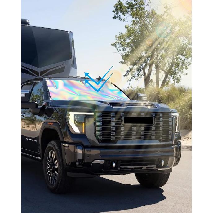 Holographic Reflective Car Windshield Sun Shade Compatible With GMC Sierra 1500 2500 HD 3500 HD 2014-2018, Foldable Reflective Window Sunshade For UV