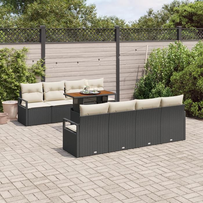 Ensemble de canapé de jardin de 9 pièces avec coussins en poly rattan noir acacia, Canapé de jardin pour 2 personnes 3349683
