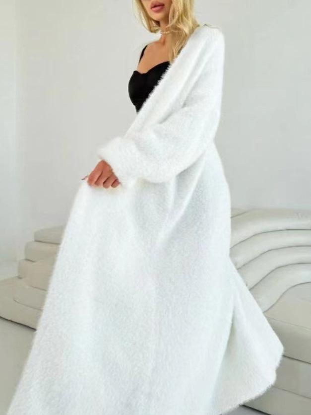 Extra Long White Faux Mink Cashmere Over-the-Knee Cardigan for Women - Loose, Thick Autumn/Winter Sweater