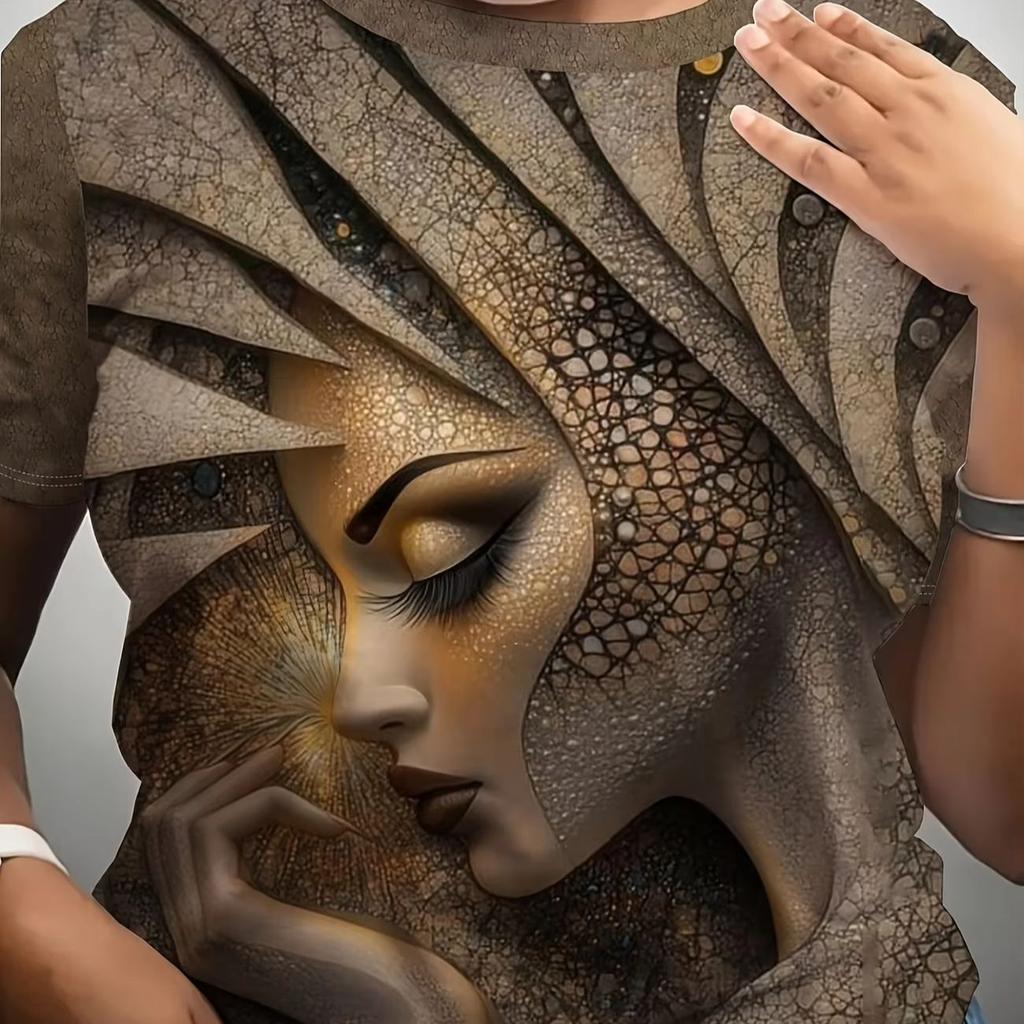 Vintage African Woman 3D Print T-Shirt for Women Retro Art Graphic Tee Casual Crew Neck Short Sleeve Summer Top Plus Size Tees
