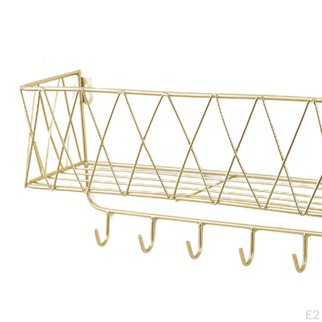 Bathroom Shelf, Kitchen Wall Spice Shelf with 6 Hooks & Rod Letter Tray