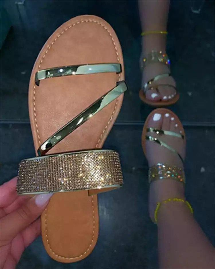 Fashion Fashion Versatile Woman Shoes 2025 Summer New Round Toe Flat Shoes Simple Women Rhinestone Slippers Anti Slip Women's Sandals