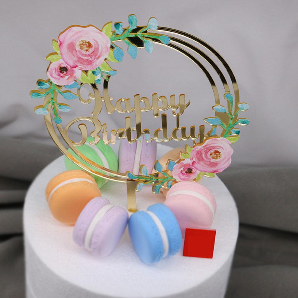 Birthday Cake Topper Acrylic Birthday Cupcake Decoration with Flower Pattern Gold Cake Topper with Letters