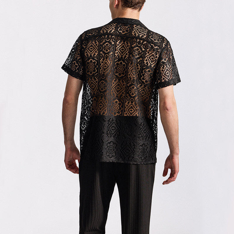 Men's Lace Short Sleeve Shirt Summer Casual Breathable Tops Fashionable Hundred Men's Tops