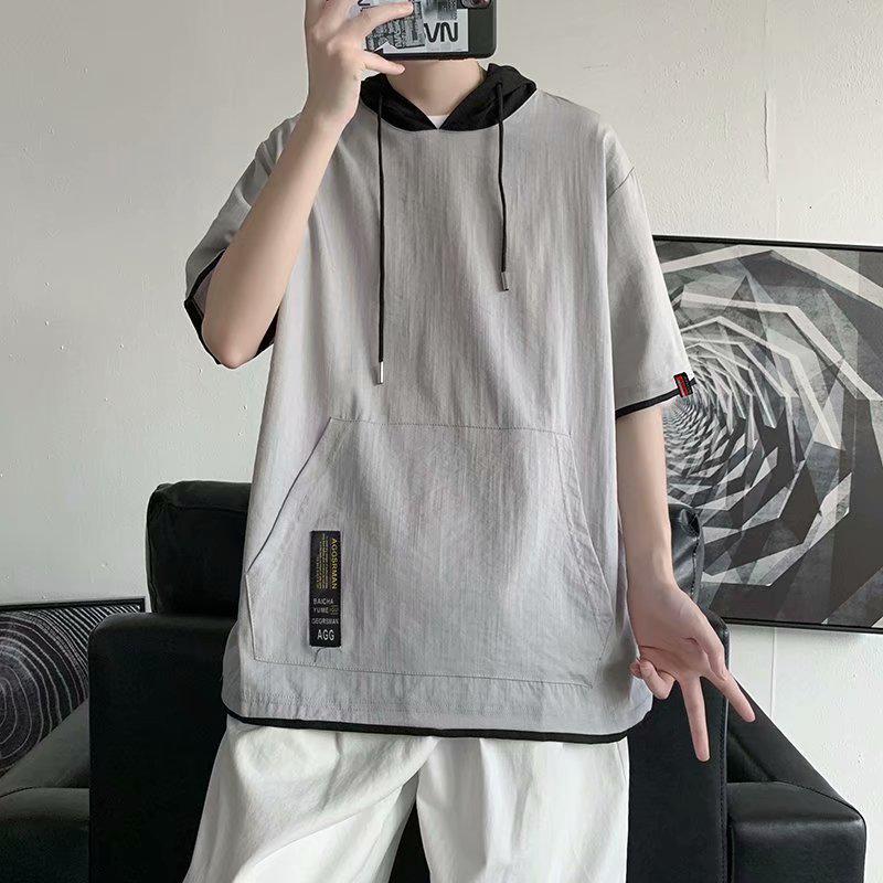 Men's Hooded Ice Silk Contrast Color Two-Piece Short Sleeve T-Shirt, Hong Kong Style, Loose Summer Trend.