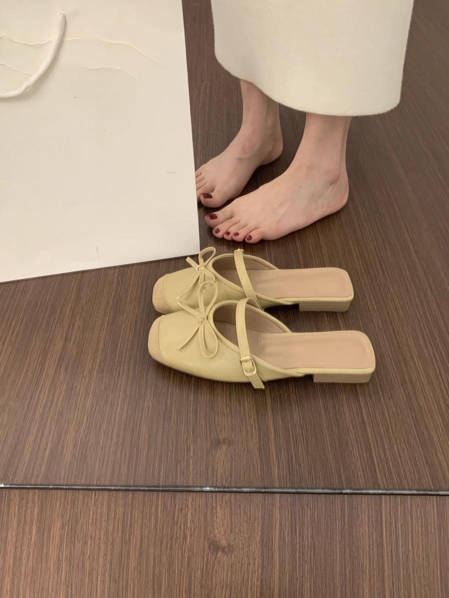 

French flat-bottomed evening wind bag head half slippers women s outer wear summer one-pedal bow square head muller shoes sandals 40 абрикосовый