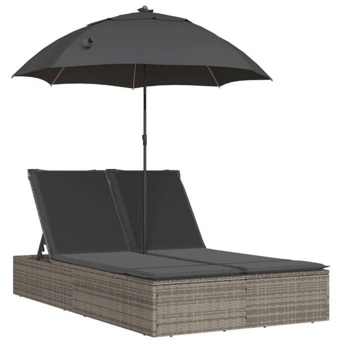 VidaXL Chaise longue double et coussins et parasol gris résine tressée, transat, lit de jour d'extérieur, lit de jour de 368083
