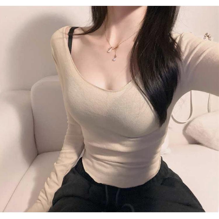 Korean Dongdaemun U-Neck Ribbon Slimming Long-Sleeve T-Shirt for Women - Sexy & Versatile