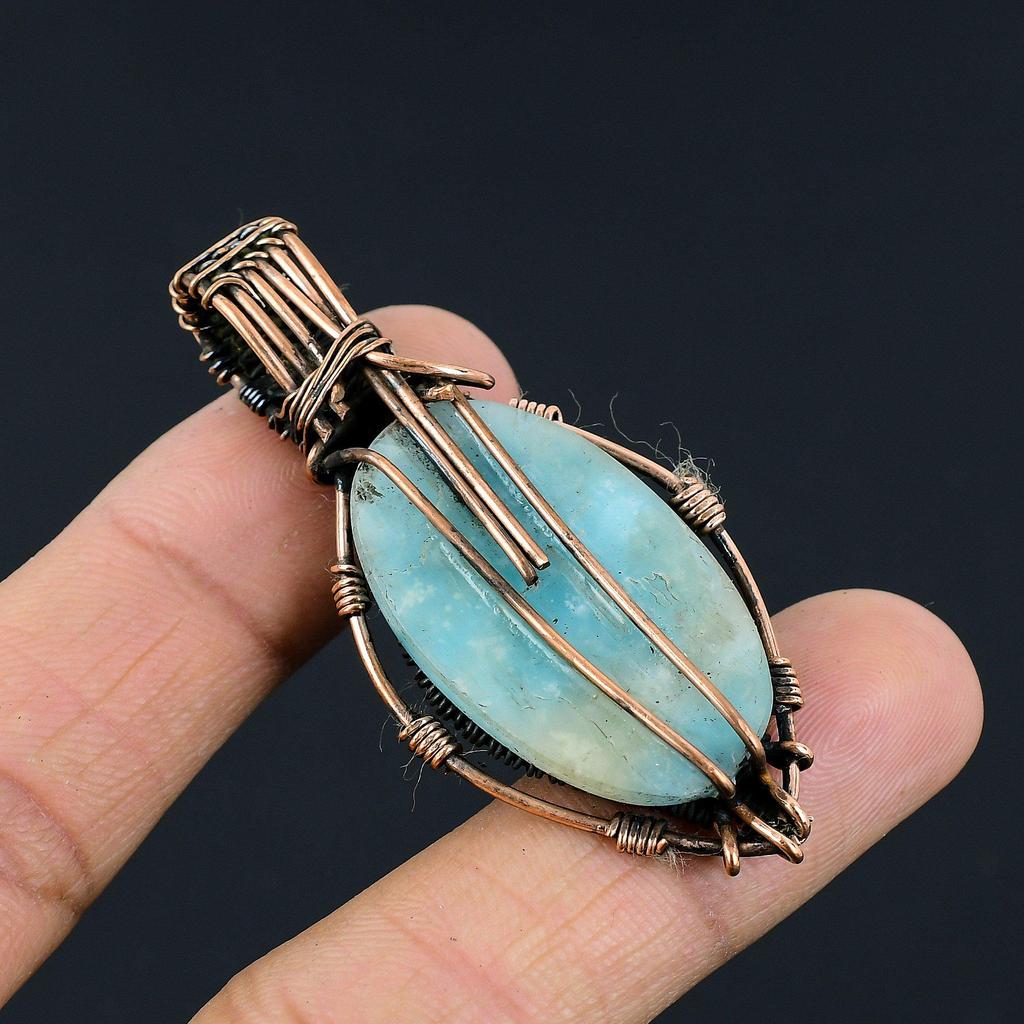 Larimar Pendant Gemstone Jewelry, 999 Copper Wire Wrapped Pendant, Handmade Jewelry Birthstone Pendant, Gift For Him