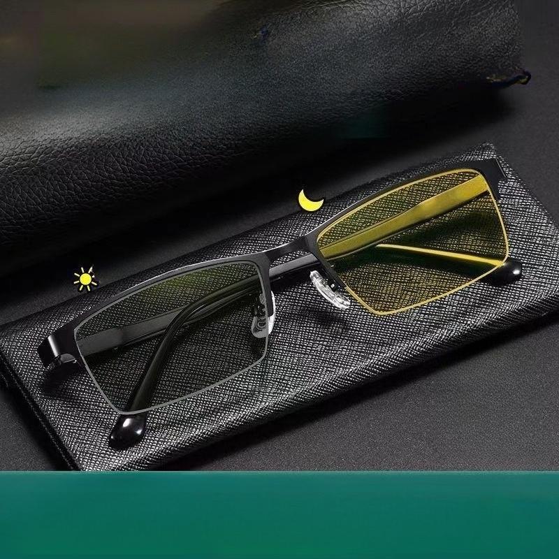 TR90 Color Changing Night Vision Glasses Men Business Half-frame Stylish Photochromic Eyeglasses UV-blocking Driving Sunglasses