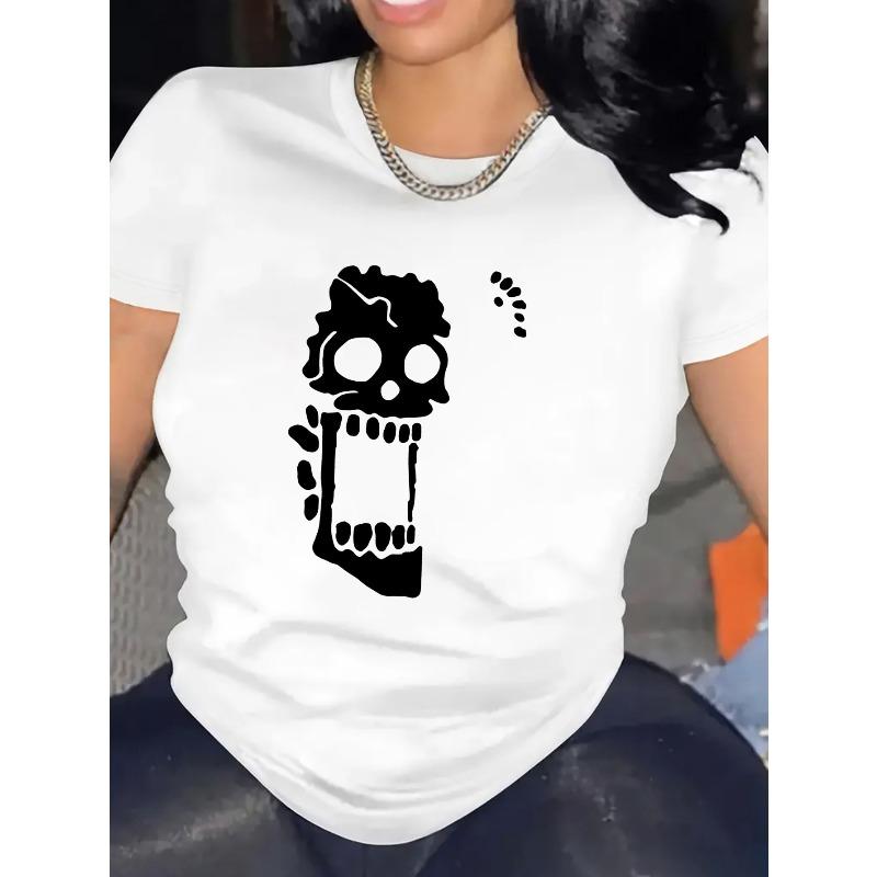 

A Loose-Fitting Round-Neck Short-Sleeve Sports T-Shirt for Women Featuring a Surprised Skull Design S белый