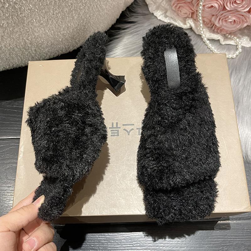 Fur Women High Heels Slippers Winter Dress Cotton Shoes Winter Designer Woman Pumps 2025 New Luxury Zapatos De Mujer