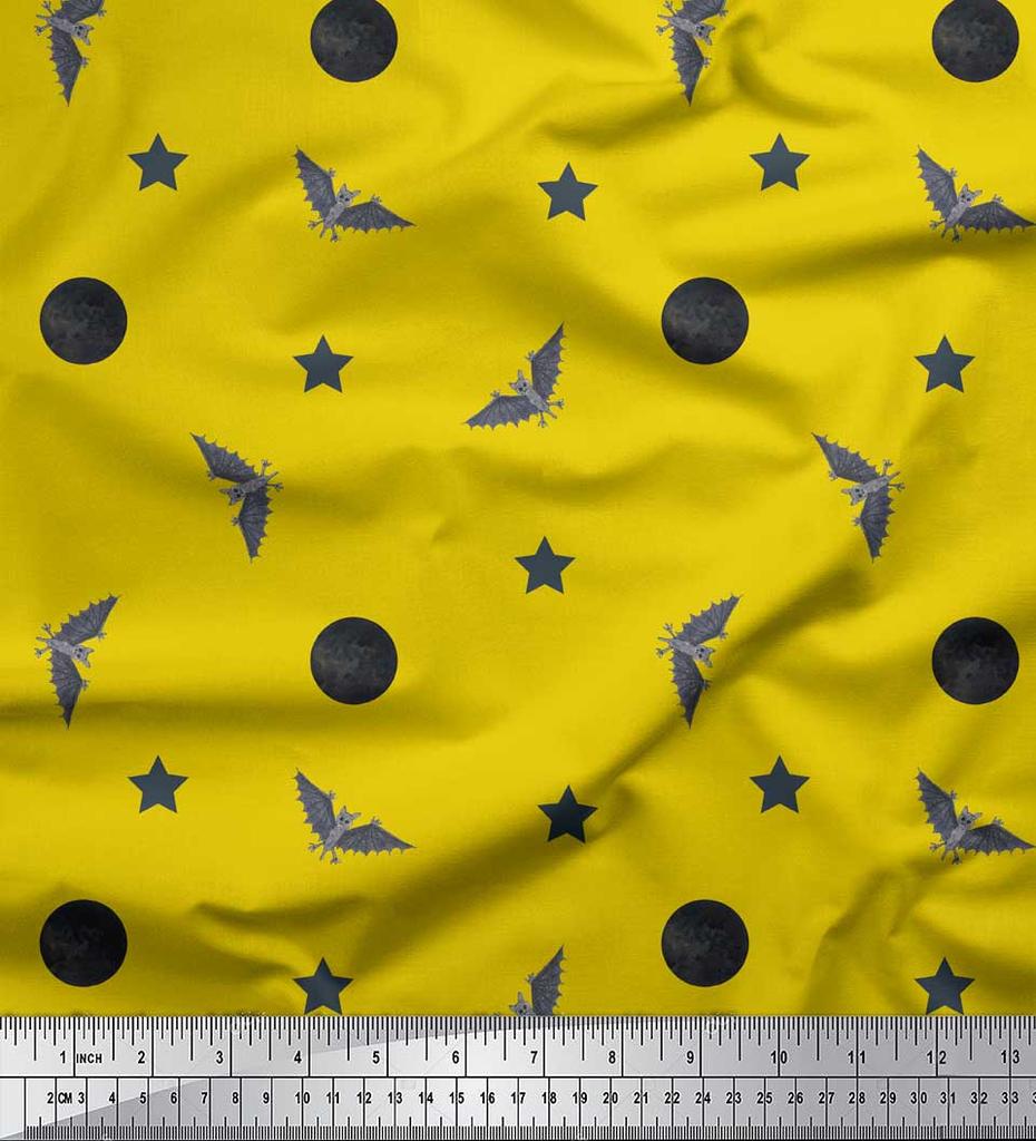Soimoi Purple Japan Crepe Satin Fabric Moon,Star & Bats Halloween Print Fabric by the Metre 42 Inch
