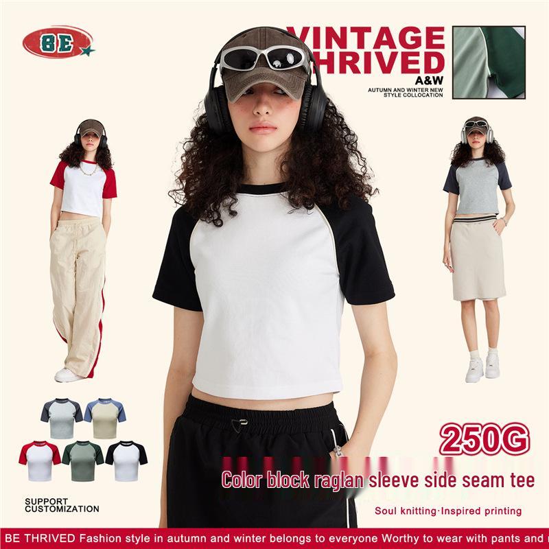 

Women s 2025 Spring/Summer Retro Color Block Raglan Sleeve Crew Neck T-shirt Large