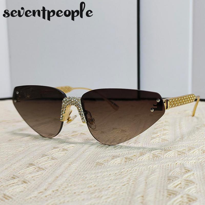 Rimless Rhinestones Punk Sunglasses Women Luxury Brand Design Vintage Metal Small Frame Sun Glasses For Ladies Eyewear