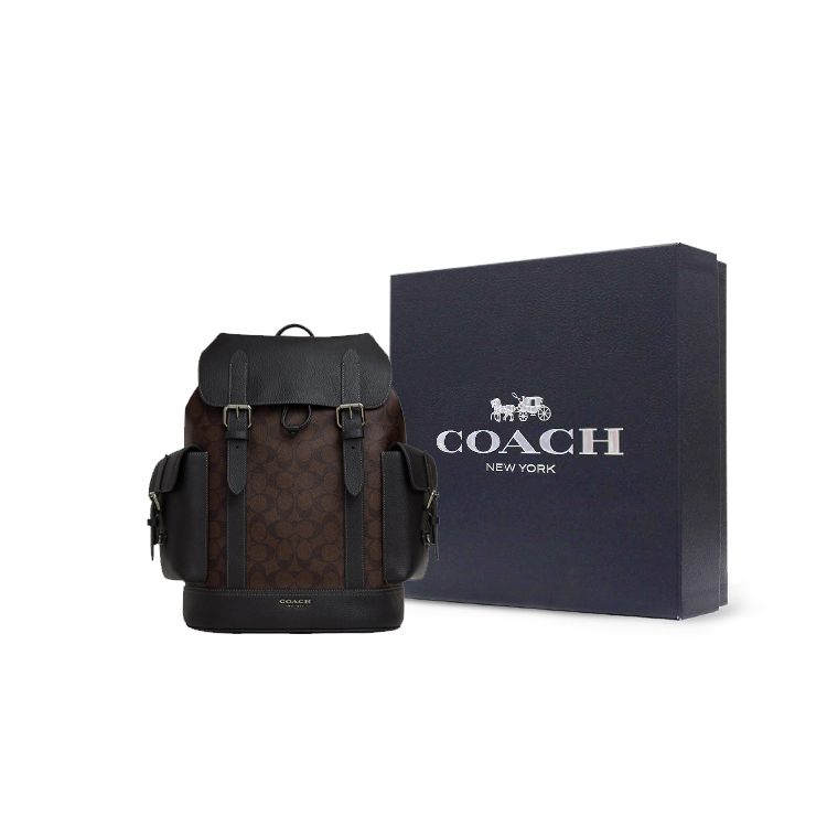 Coach Hudson 30 Large Capacity Flap Drawstring Closure Coated Canvas And Leather Backpack Men Backpack Brown Black CB839-QBMAH