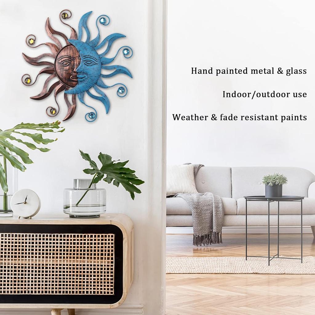 MUMTOP 13.26 Inch Metal Sun Moon Wall Decor, Inspiational Wall Sculpture Hanging Decorations Art for Indoor Outdoor Home Living Room Office Yard