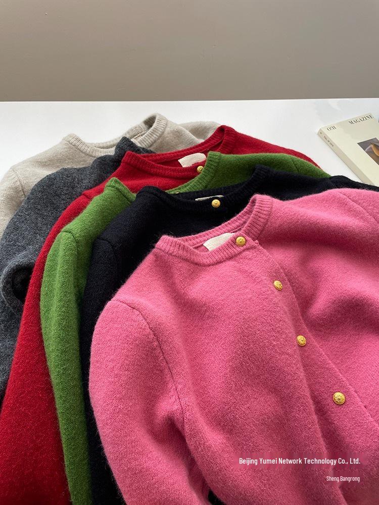 Whitening Raspberry Pink Gold Button Knit Cardigan - Women's Autumn/Winter Korean Style, Soft, Thick, Warm, Round Neck Wool.