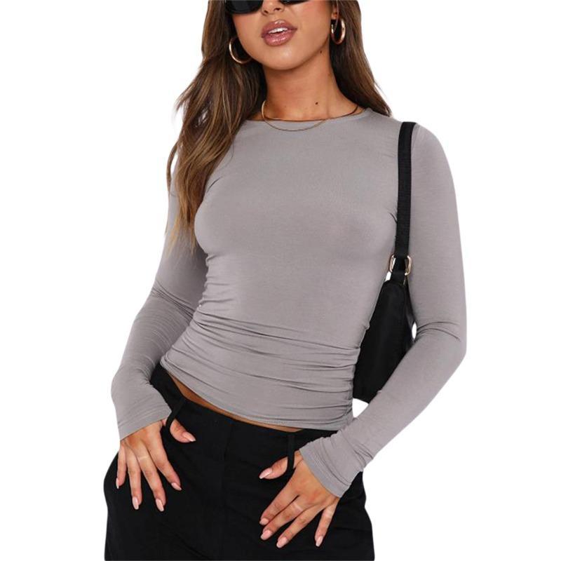 Damen Casual Langarm T-Shirt Frühling Herbst Einfarbig Slim Fit Pullover T-Shirt Damen Streetwear Basic Shirt