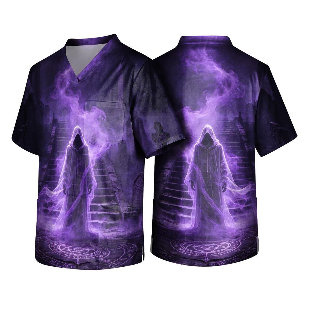 Men's Halloween Print V-Neck Short Sleeve Pocket Scrub Top for Caregiver Uniform