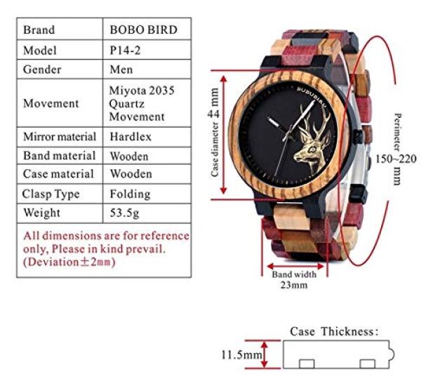 BOBO BIRD Montre Paire Montre Couple Montre en Bois Analogique Quartz Japonais Index Lumineux Léger Coloré Boîte Cadeau en Bois Incluse Motif Cerf Homme