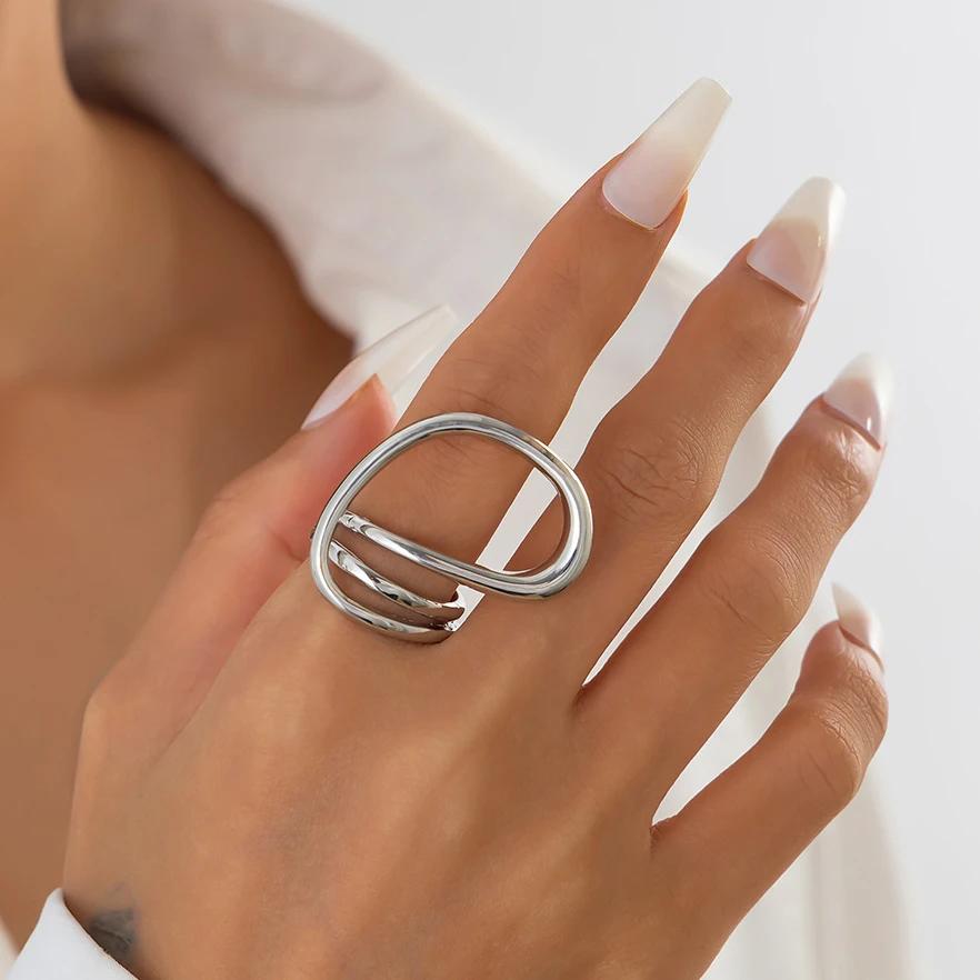 Punk Irregular Metal Line Rings for Women Men Gold Copper Color Geometric Hollow Circular Adjustable Finger Knuckle Ring Zircon