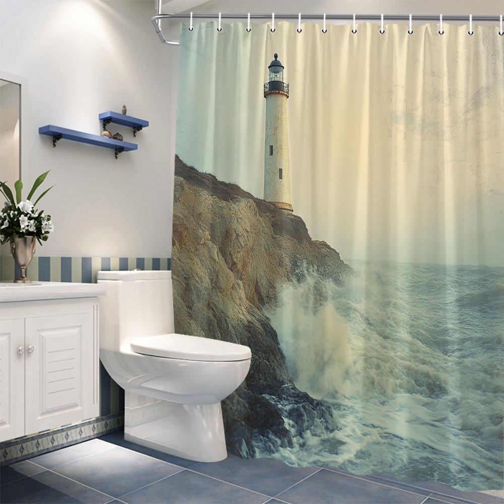 1Pc Vintage Lighthouse Shower Curtain - Solitary White Lighthouse, Rocky Coastline, Grey Ocean Waves, Nautical Coastal Design