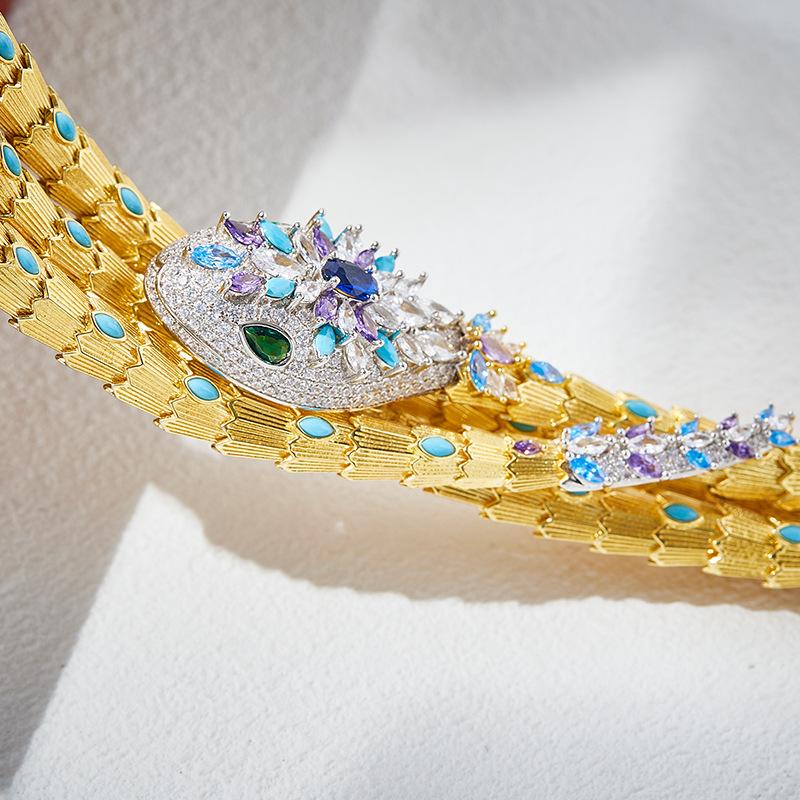 Exaggerated Three-layer Princess Snake Necklace, Gold-plated Turquoise, Personalized High-end Luxury Women's Snake Collar