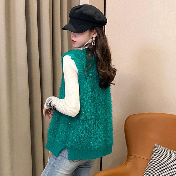 Spring and Autumn Loose Sleeveless Sweater Solid Color Knitted Vest Women's V-neck Bright Silk Fleece Top