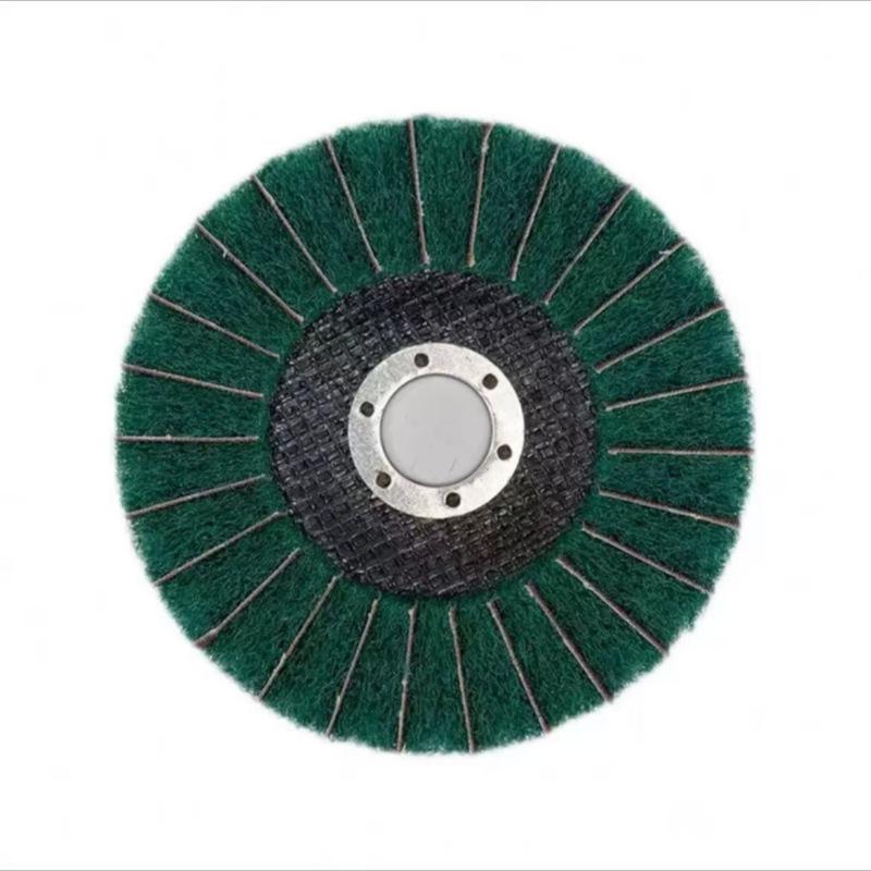 Ruiyan 4" Vertical Angle Flap Wheel: Abrasive Polishing & Wire Drawing Tool with Scouring Pad.