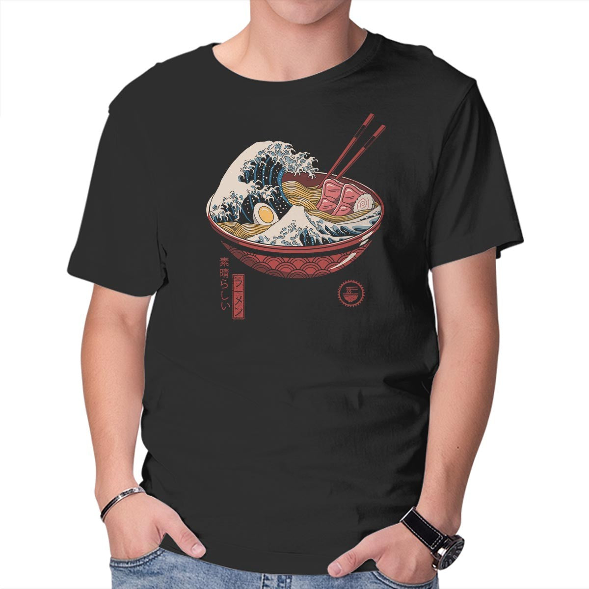 Unisex Crew Neck T-Shirt Great Ramen Wave Graphic Short Sleeve Casual Tee L