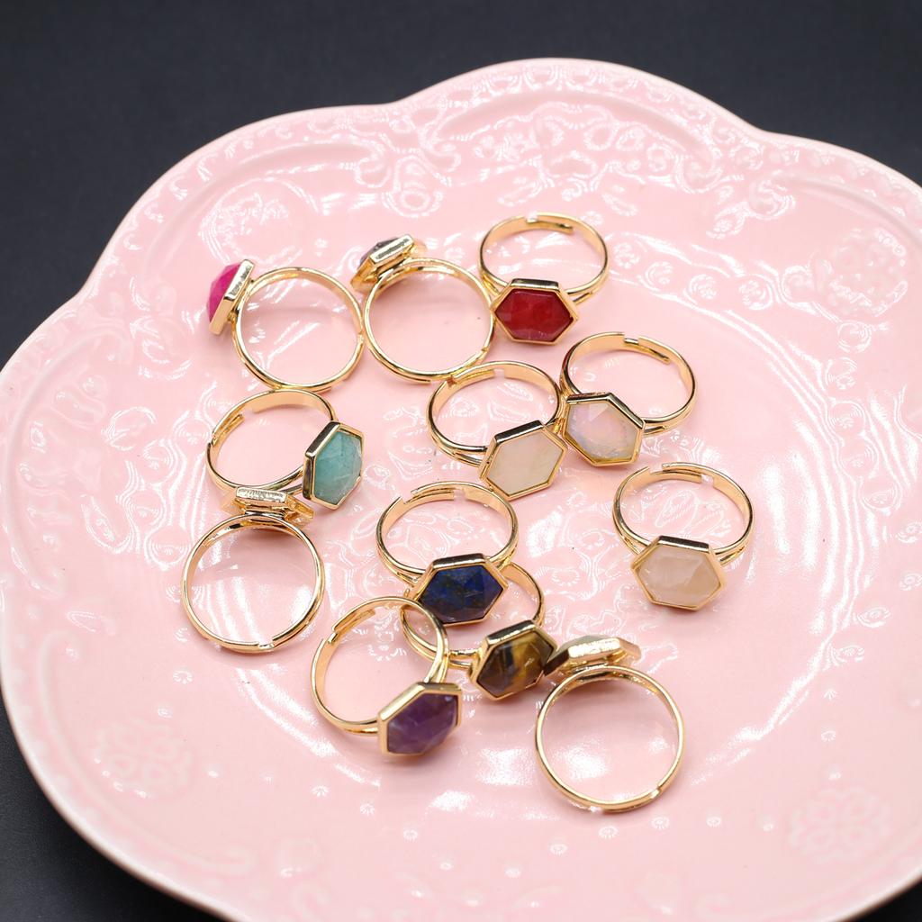 10Pcs, Reiki Healing Natural Stone Crystal Opening Ring, Boho Handmade Hexagonal Adjustable Rings for Women Men Everyday Wear Jewelry, Holiday Gifts