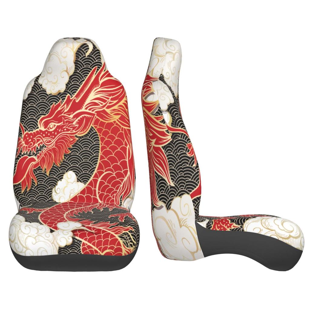 Chinese Red Dragon Totem Pattern Car Seat Covers Set 2 Pcs Elastic Auto Interior Car Accessories Protectors Non-Slip Auto Cove