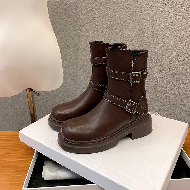 

Maillard коричневые ветрозащитные короткие ботинки женские 2025 новые осенне-зимние на толстой подошве универсальные и тонкие ботинки-мартин с пряжкой на ремне 40 коричневый