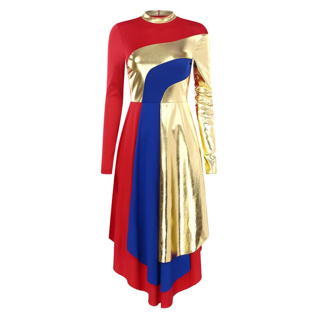 Vestido de Dança Litúrgica Feminino Gola Alta Manga Longa Patchwork Cor Contrastante Bainha Curva Vestido de Adoração