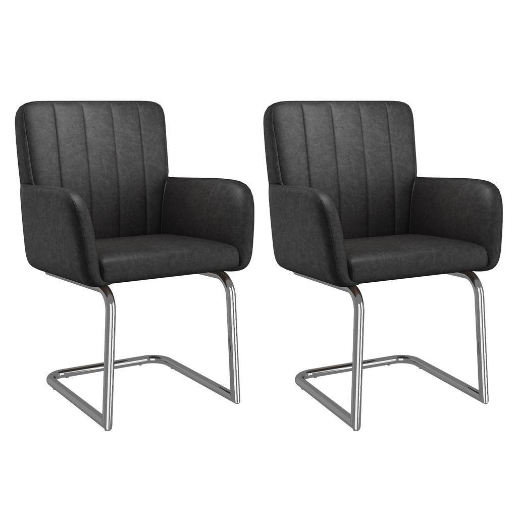 Set of 4 Dining Chairs with Vertical Stripes, Upholstered Armchair with Zigzag-Shaped Metal Legs, Living Room Chair, Faux Leather, Black