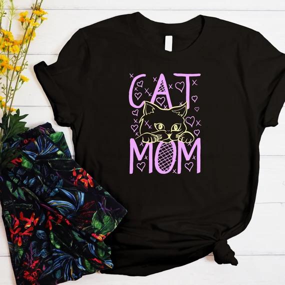 

Retro Korean Fashion Cat Mom Life TShirt Neon Cat Hearts Print Versatile Casual Top for Cat Lovers Black Tshirts for Women 4XL