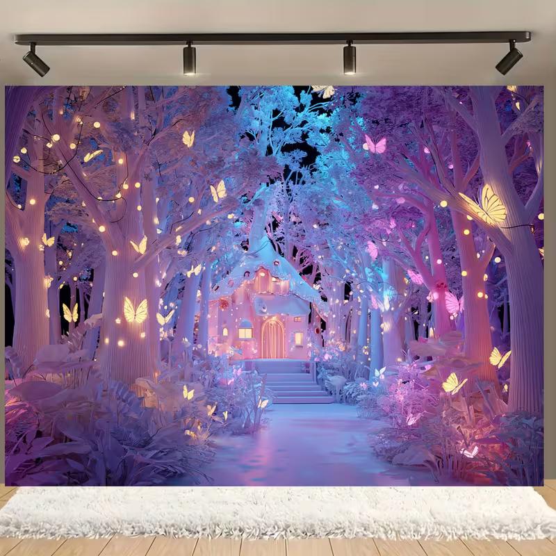

2D Pink & Blue Fairy Forest Backdrop with Cottage & Butterflies Kids Photography & Themed Party Background 47.2x31.5inch/120*80cm