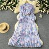 French Style Fancy Print Chiffon Dress Women's Ruffles Patchwork Waist-Slimming Slim Looking Elegant Elegance Pleated Dress