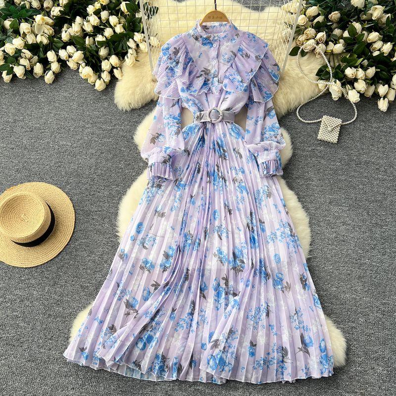 French Style Fancy Print Chiffon Dress Women's Ruffles Patchwork Waist-Slimming Slim Looking Elegant Elegance Pleated Dress