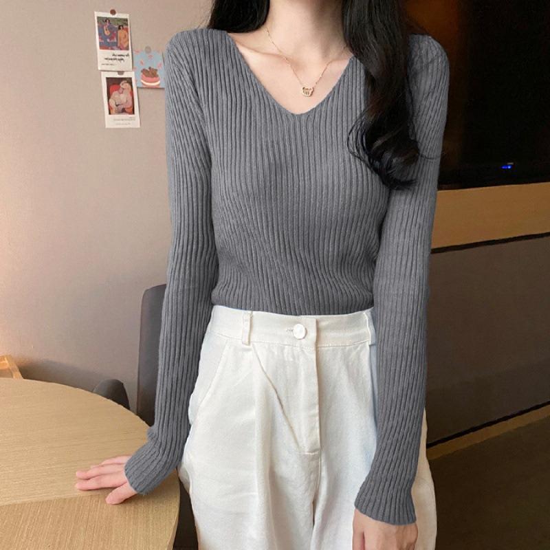 Sweater women's autumn and winter new versatile slim-fitting v-neck bottoming knitted sweater foreign style inner long-sleeved tight top