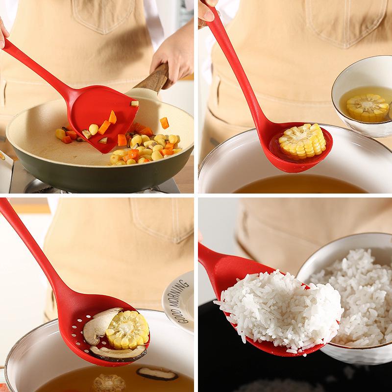 Silicone Non-stick Cookware Set: Stir-fry Spatula, Soup Ladle, Slotted Spoon, High-Temperature Long Handle.