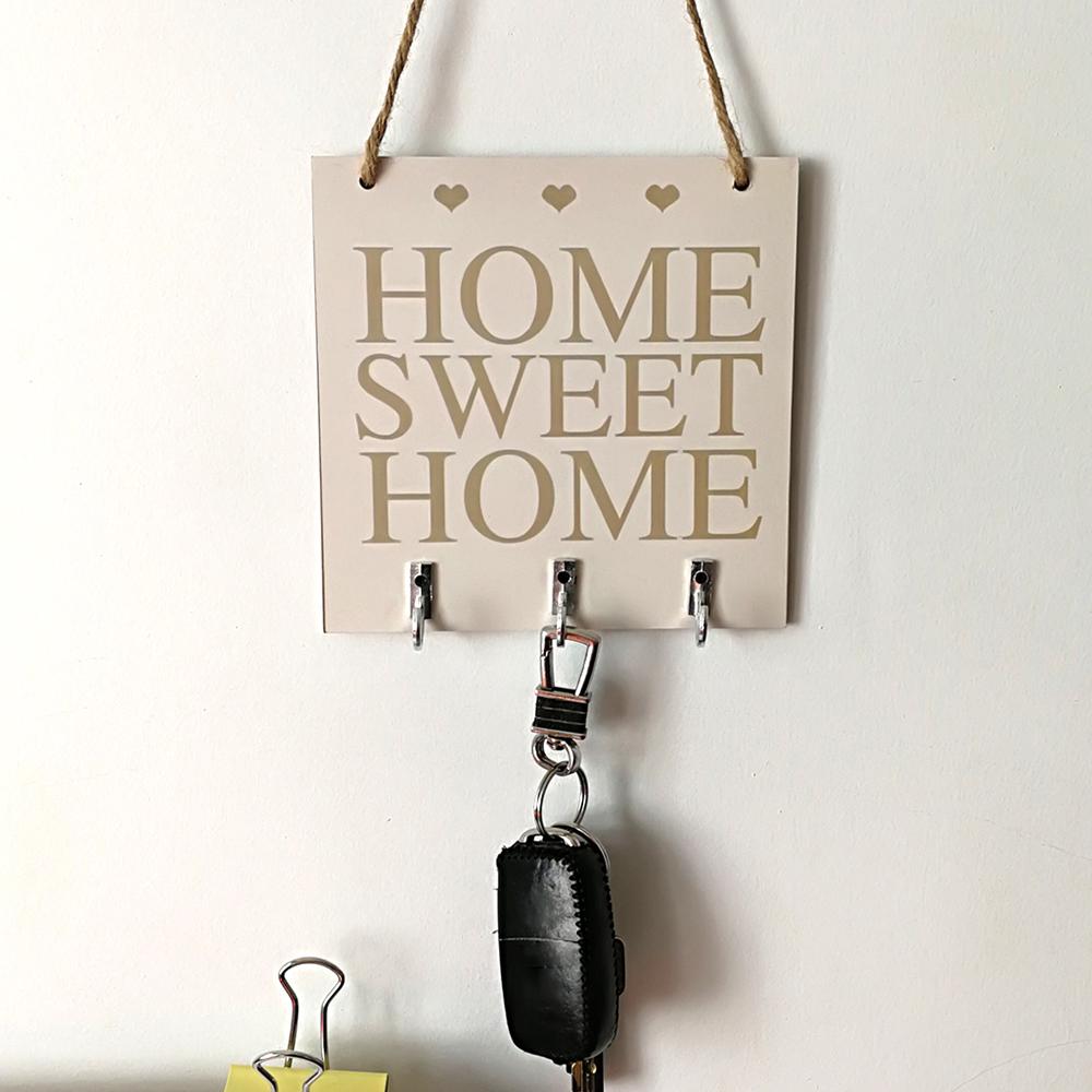 Decorative Wall Home Sweet Rustic White Wood Hanging Plaque Sign With Hooks Key Hanger Gift