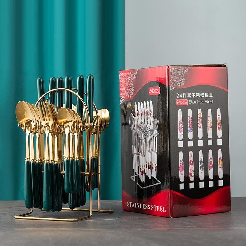 Goods Ceramic Handle 24 Main Piece Knife Fork Spoon Stainless Steel Western Tableware 24 Piece Gift Box Set