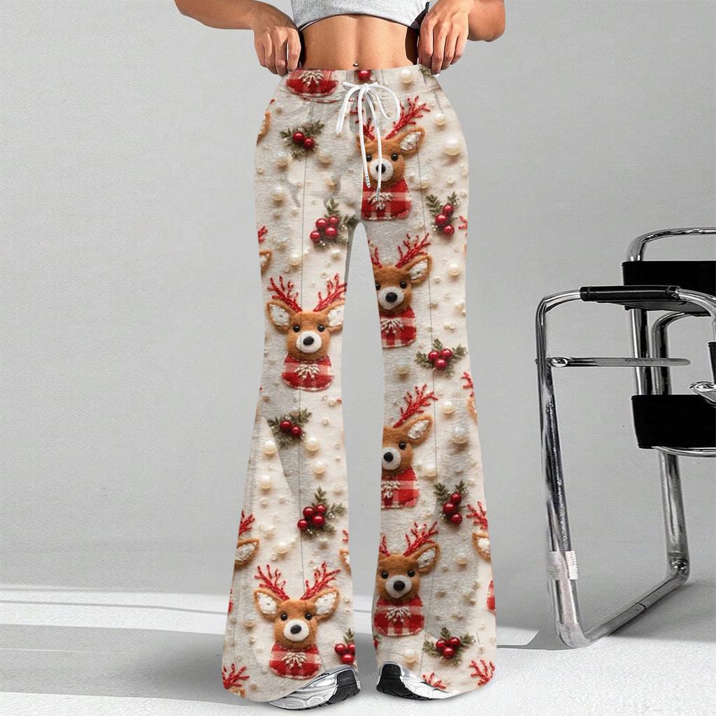 Women's Fashion Loose Drawstring Waist Christmas Printed Casual Sports Pants Casual Flared Pants